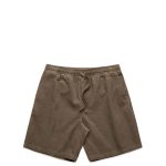 A pair of brown cord shorts with an elastic waistband and drawstring detail. Features a logo on the waistband.