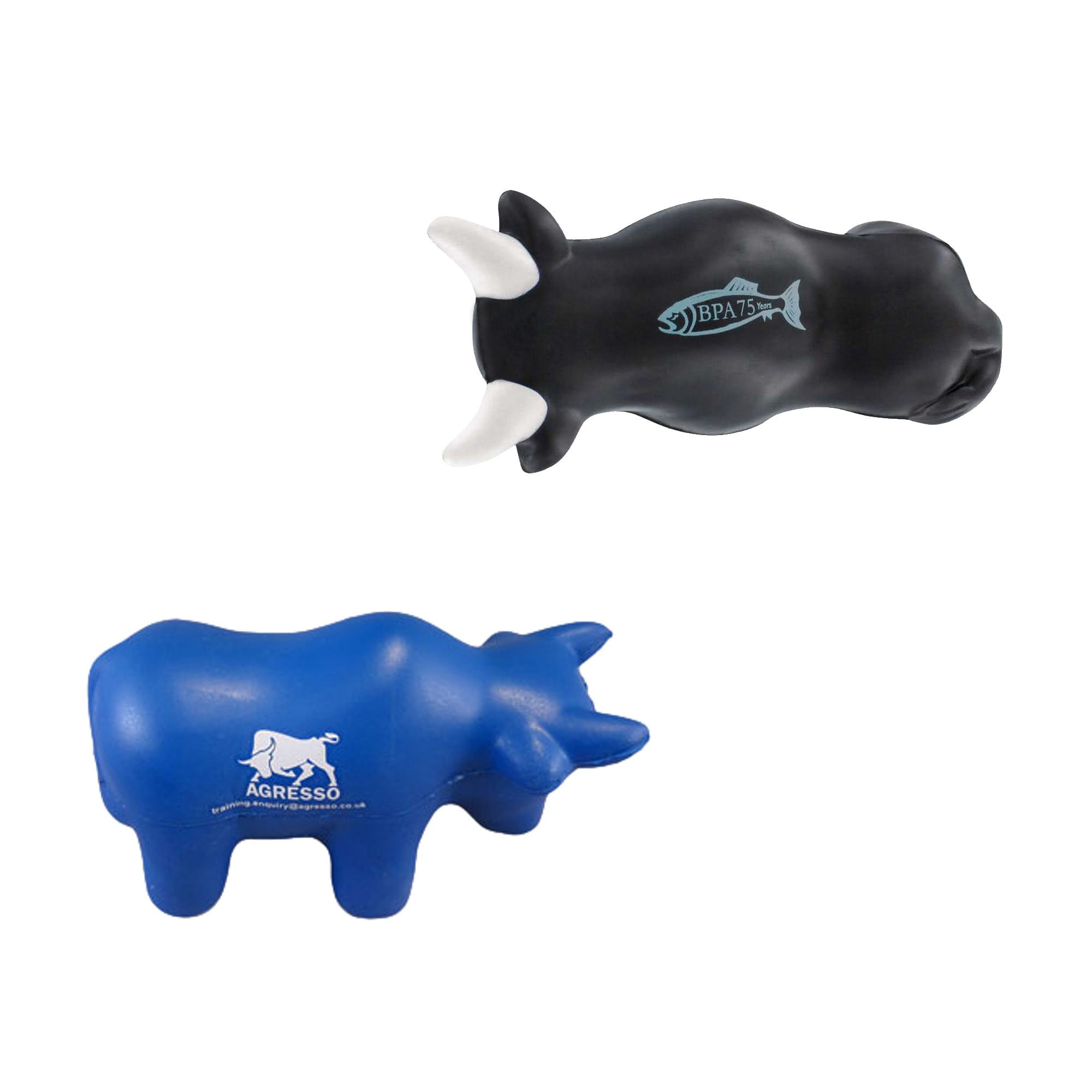 A black and blue bull-shaped stress reliever with contrasting horns, featuring a logo on each side. Bull Shape Stress Reliever - Image 1