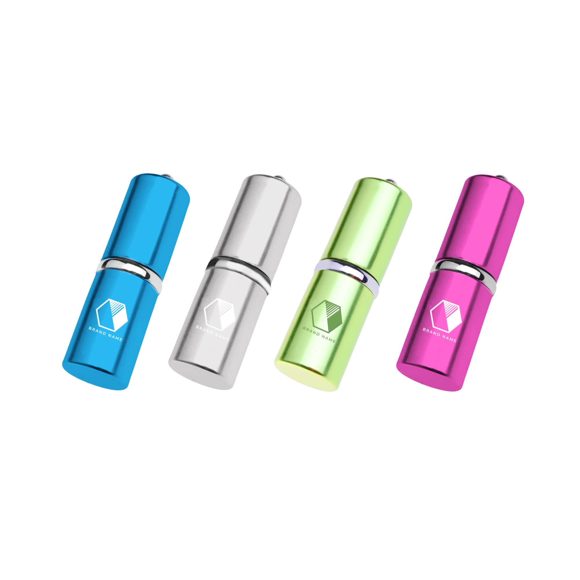 A collection of four lip balm flash drives in blue, silver, green, and pink, each featuring a logo. Lipbalm Flash Drive - Image 1