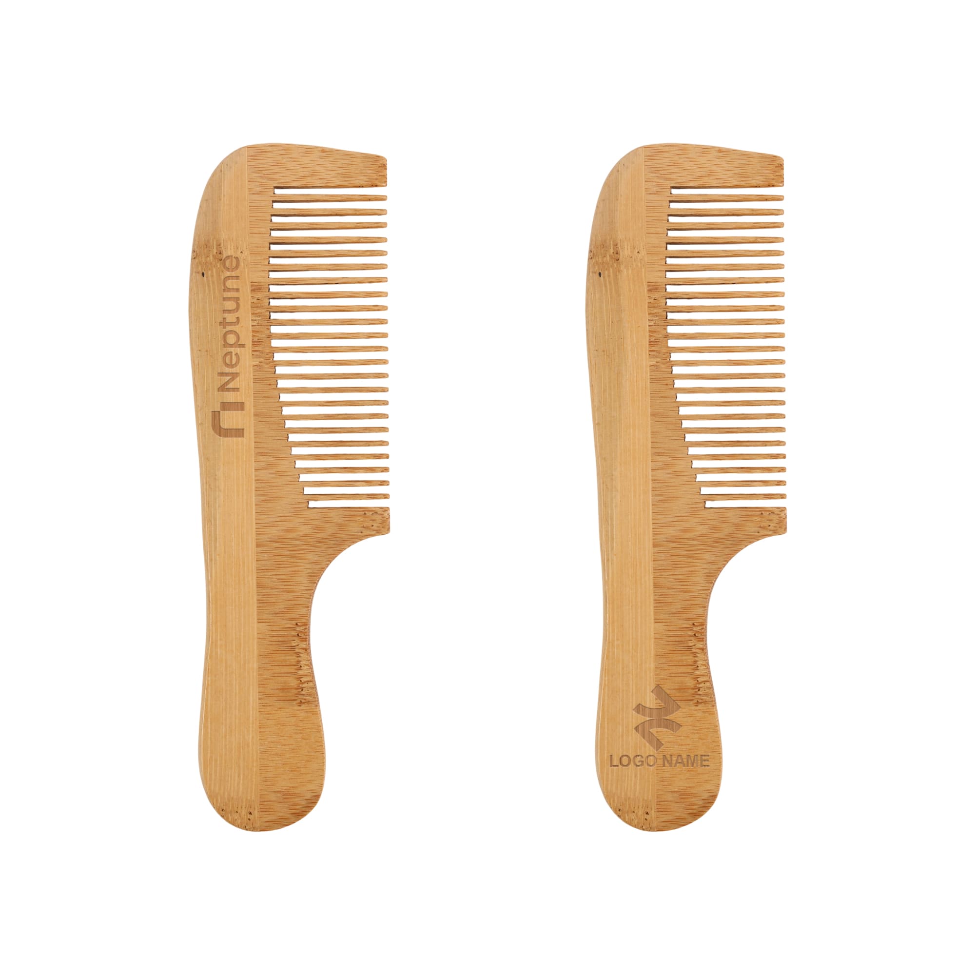 A natural bamboo comb with a handle, featuring a smooth finish and light brown colour, with logos on each side. Natural Bamboo Comb With Handle - Image 1