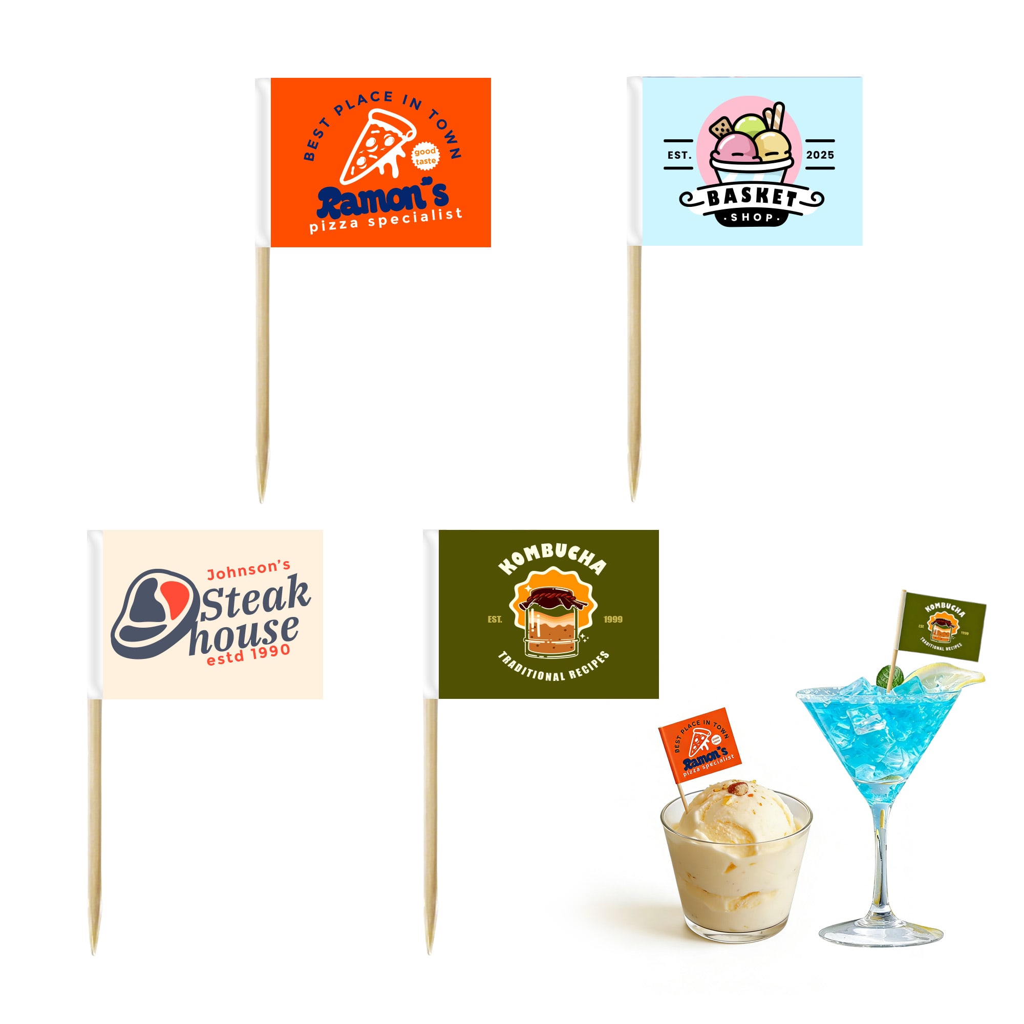 A pack of 100 assorted label stick flags in various colours, featuring different logos and designs. Pack of 100 Labeling Stick Flags - Image 1