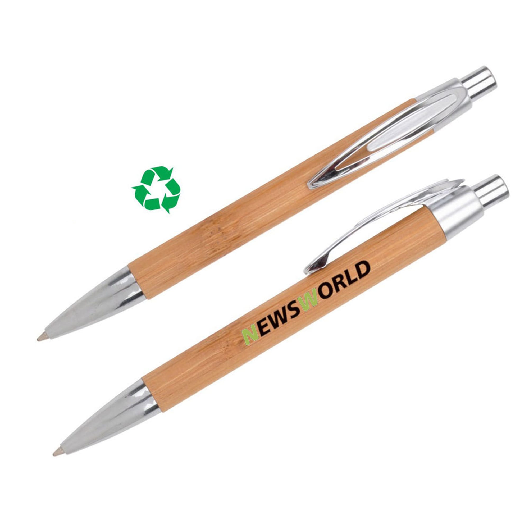 A bamboo click pen with silver accents and a logo, showcasing its eco-friendly design. Eco Bamboo Click Pen - Image 1