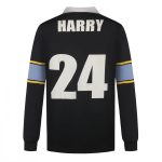 A black sports jumper with long sleeves, featuring a collar, a blue and yellow stripe, and a large number "24".