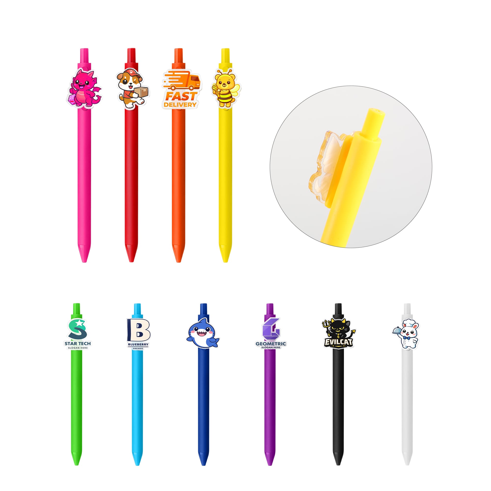 A set of colourful custom acrylic pens in various hues with character attachments, including pink, orange, yellow, black, and white. Custom Acrylic Pen A - Image 1
