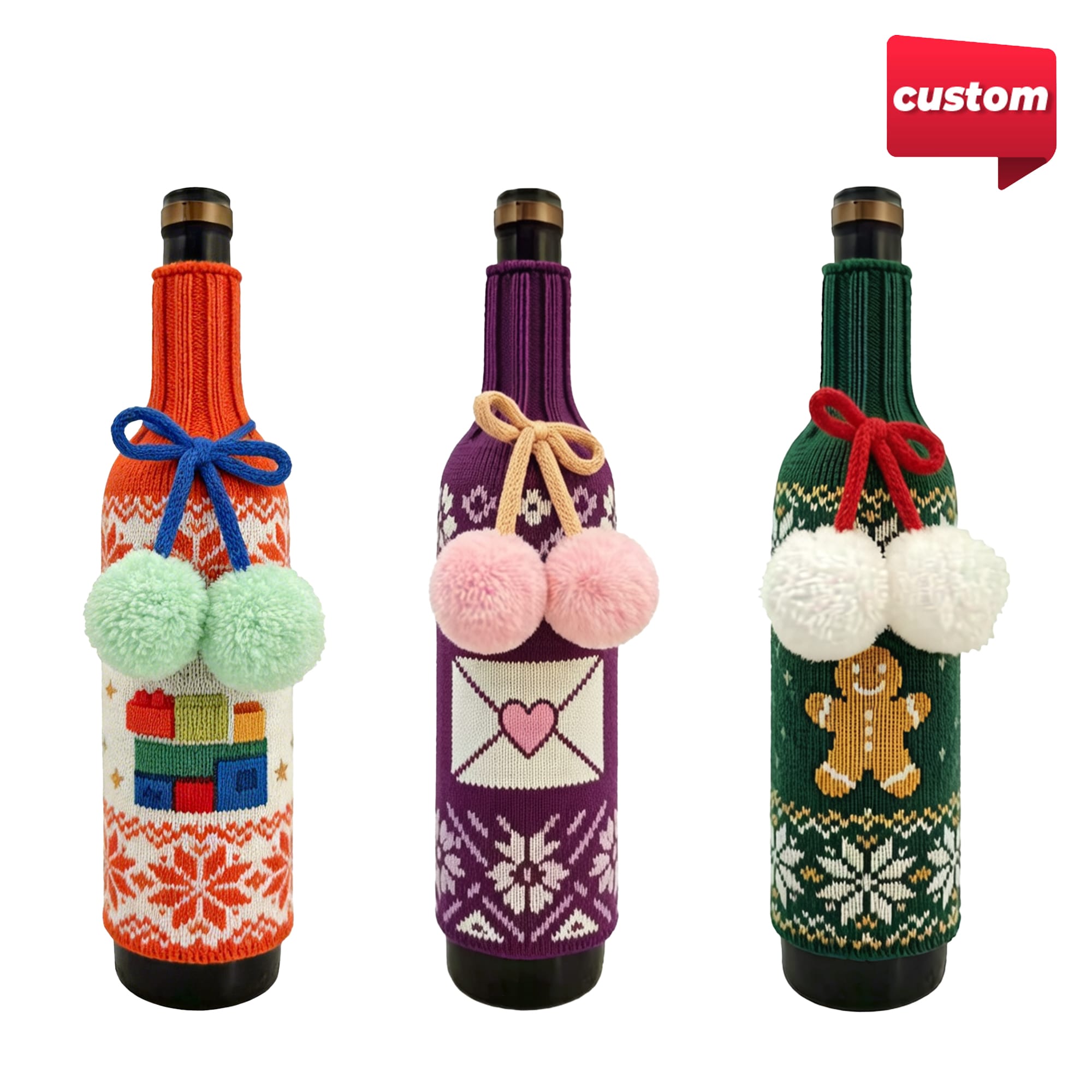 A drink bottle sleeve trio in festive designs, featuring red, purple, and green knitted patterns with pom-poms. Custom Knitted Wine Bottle Sleeve - Image 1