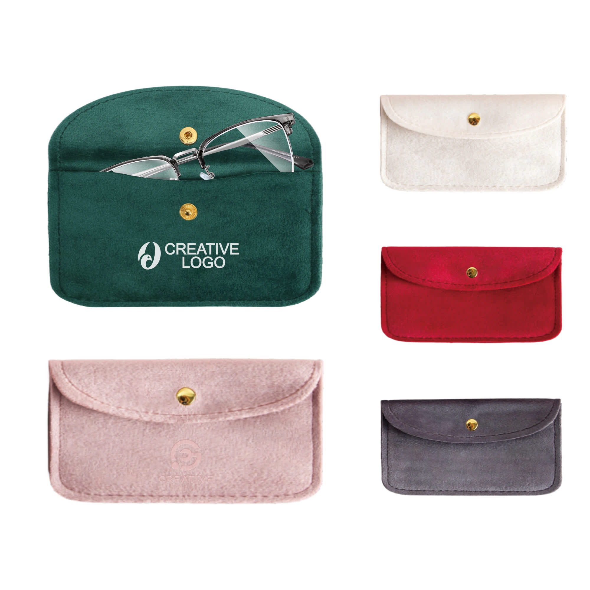 A collection of velvet glasses pouches in green, white, pink, red, and grey, featuring a logo on one pouch. Velvet Glasses Pouch - Image 1