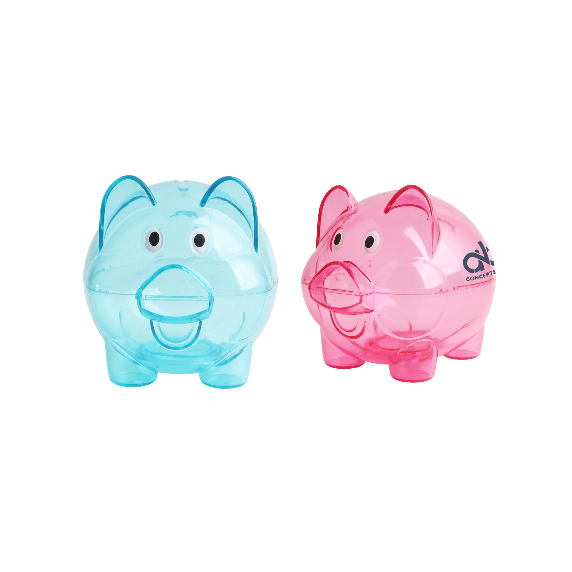 A blue and a pink piggy coin bank, both with cheerful expressions, featuring a logo on one. Saver Piggy Coin Bank - Image 1