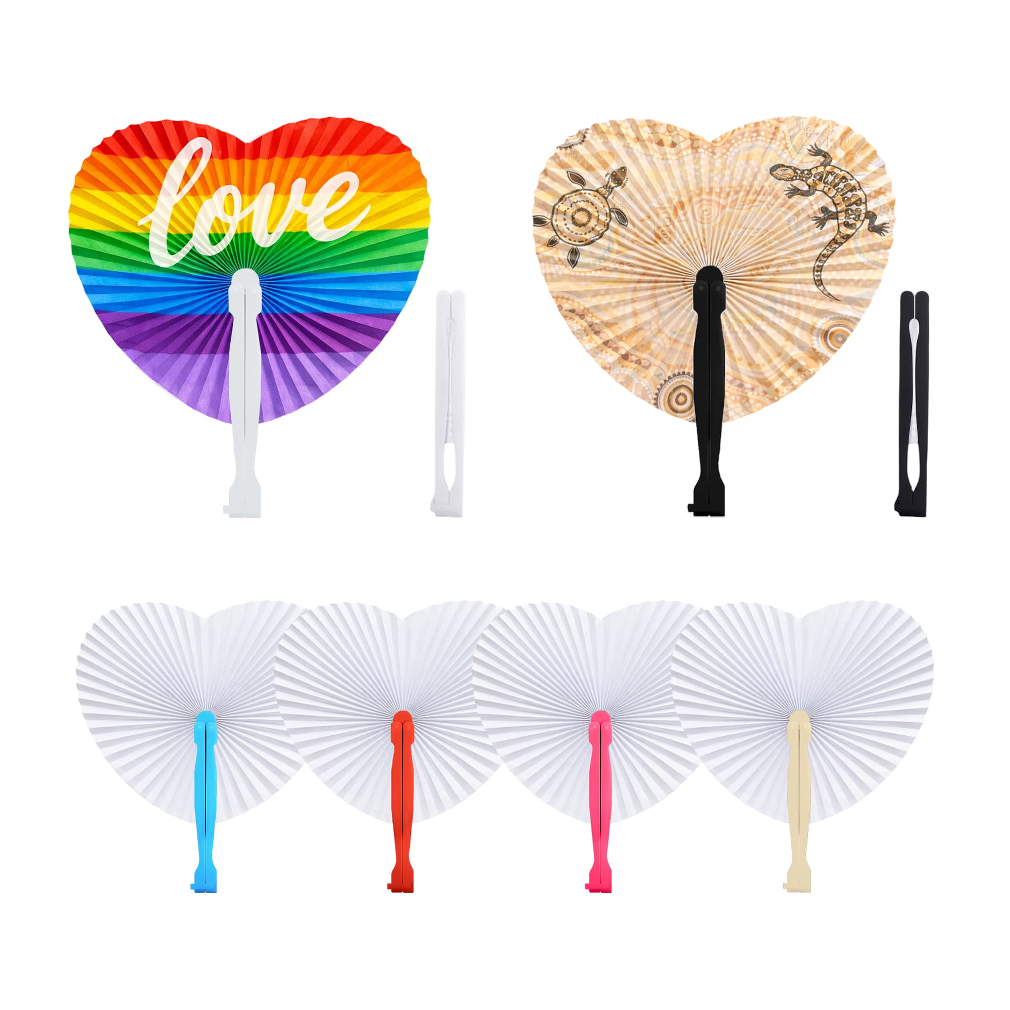 A heart-shaped plastic paper fan in rainbow, beige, white, blue, and pink colours, featuring various designs and a logo. Heart Shape Plastic Handle Paper Fan - Image 1