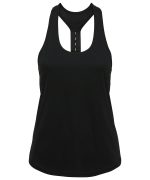 A black performance strap back vest featuring a racerback design and a logo.