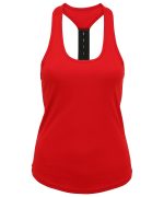 A red strap back vest featuring a racerback design and a branded logo on the back.