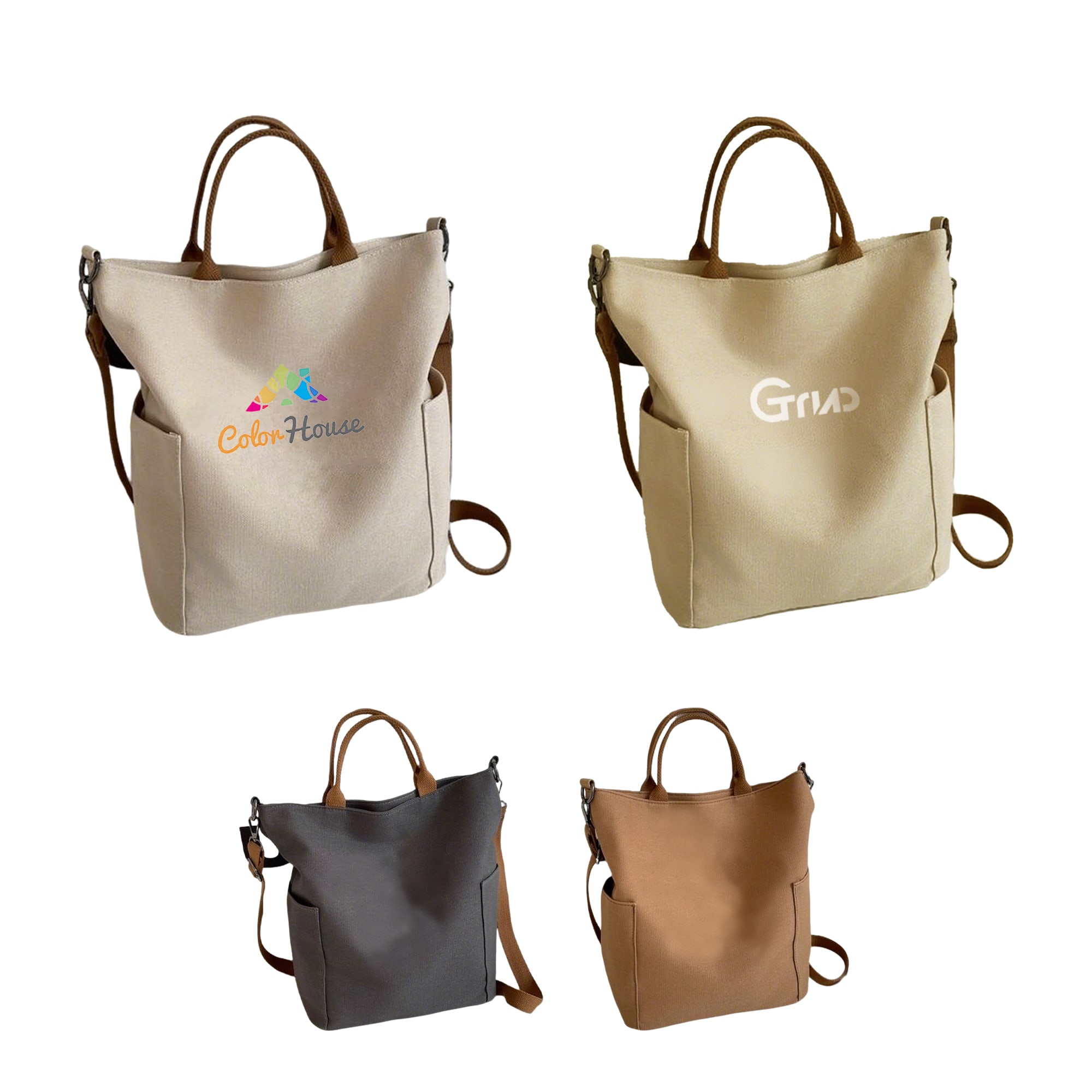 A vintage style canvas bag in beige, grey, and brown with leather handles and a logo on each. Vintage Style Canvas Bag - Image 1