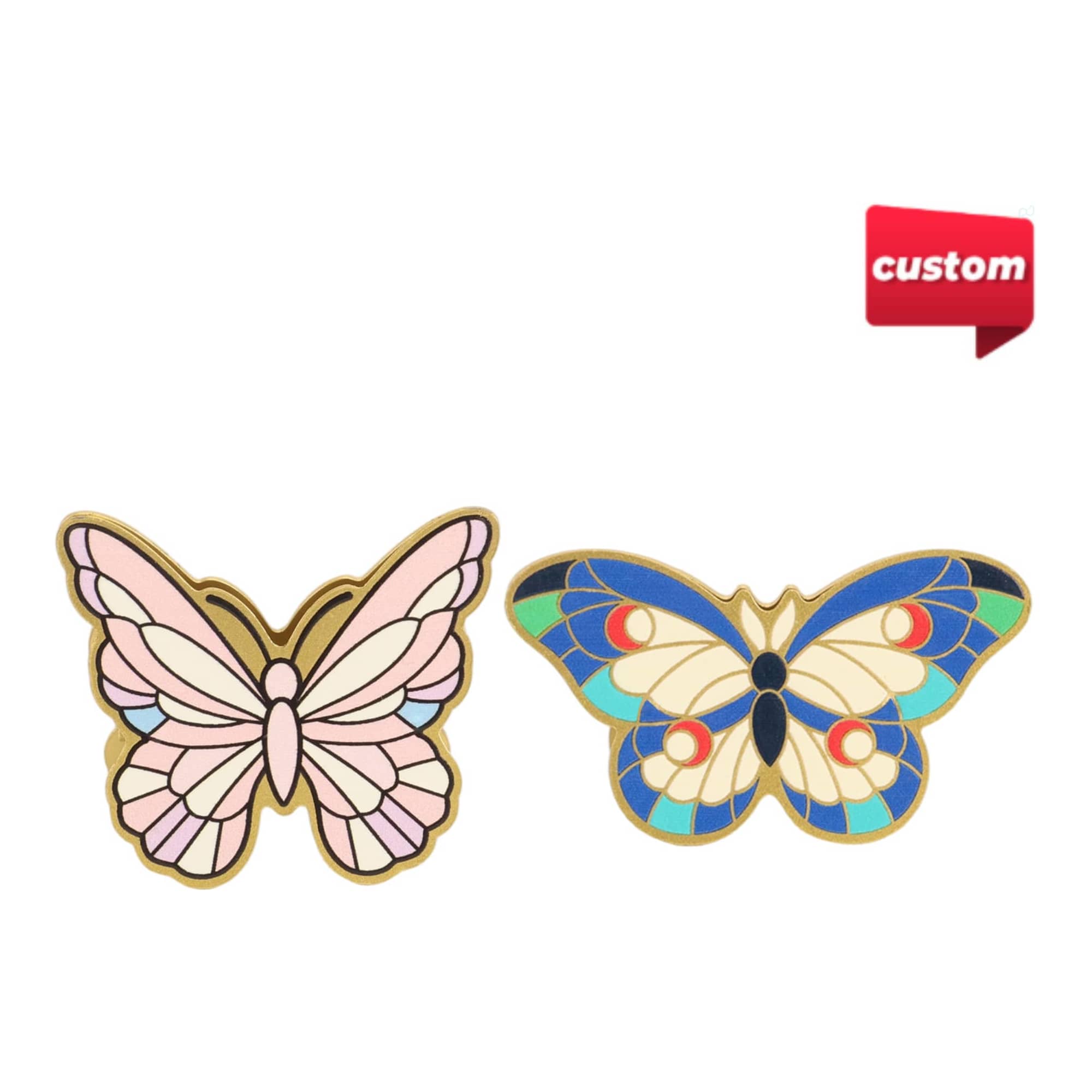Two vibrant metal butterfly clips, one in pink and gold, the other in blue and cream, featuring a logo. Custom Metal Clip - Image 1