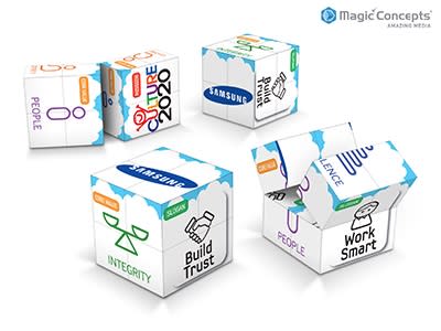 A set of five 5cm promotional cubes in various colours, featuring different designs and a logo. 5cm Magic Cube - Image 1