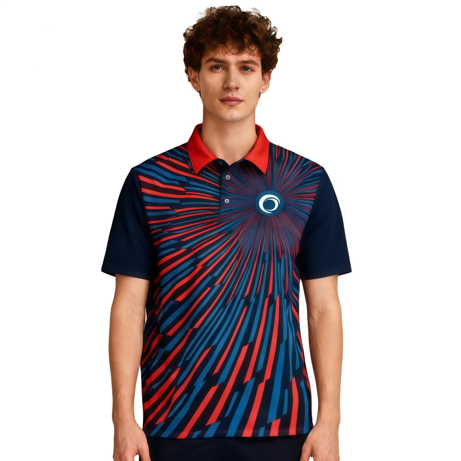 A young man models a short-sleeve polo shirt featuring a blue and red geometric design with a logo on the chest. 100% Polyester Sublimated Basic POLO - Image 1