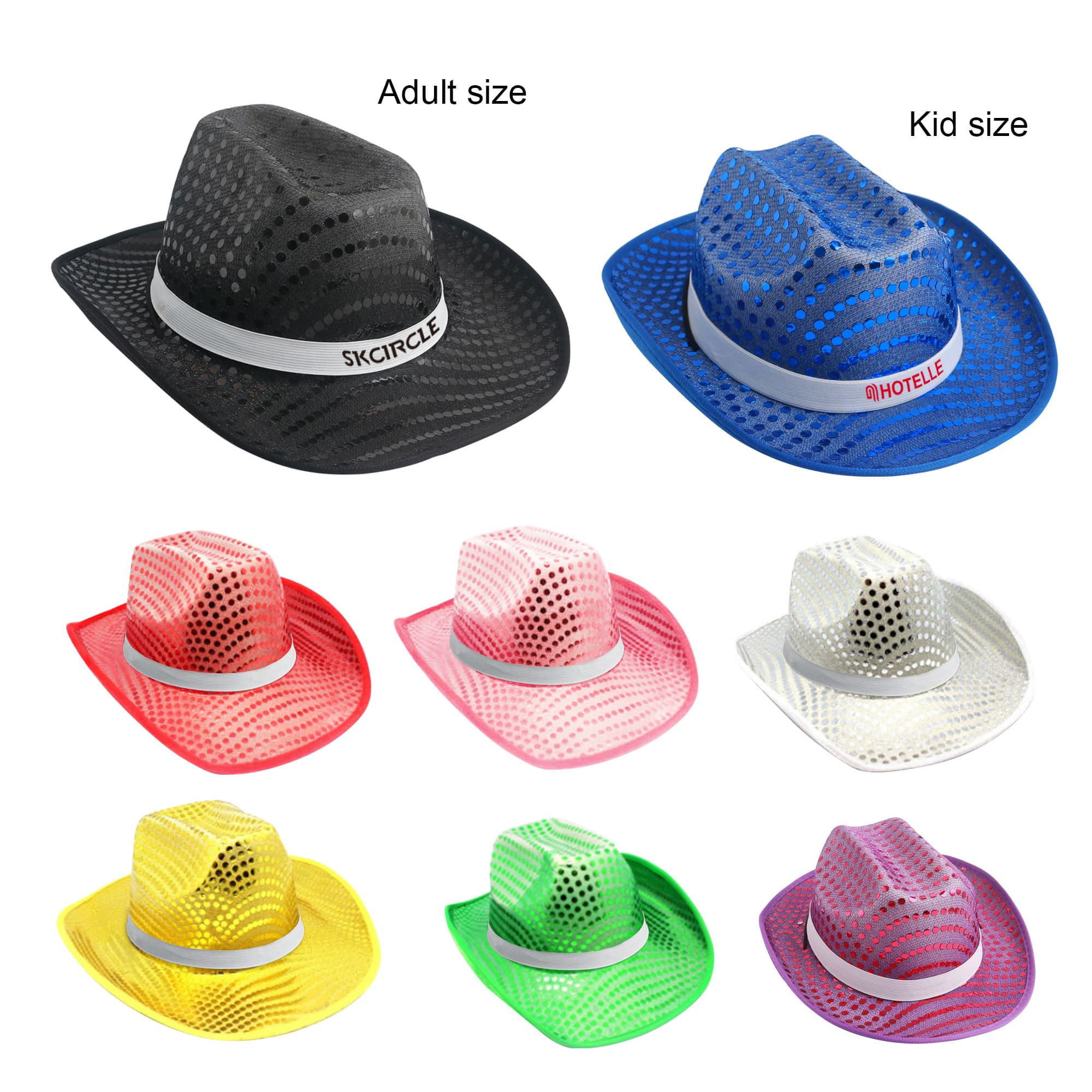 A variety of sequin cowboy hats in black, blue, red, pink, white, and yellow, featuring adult and kid sizes. Sequin Cowboy Hats - Image 1