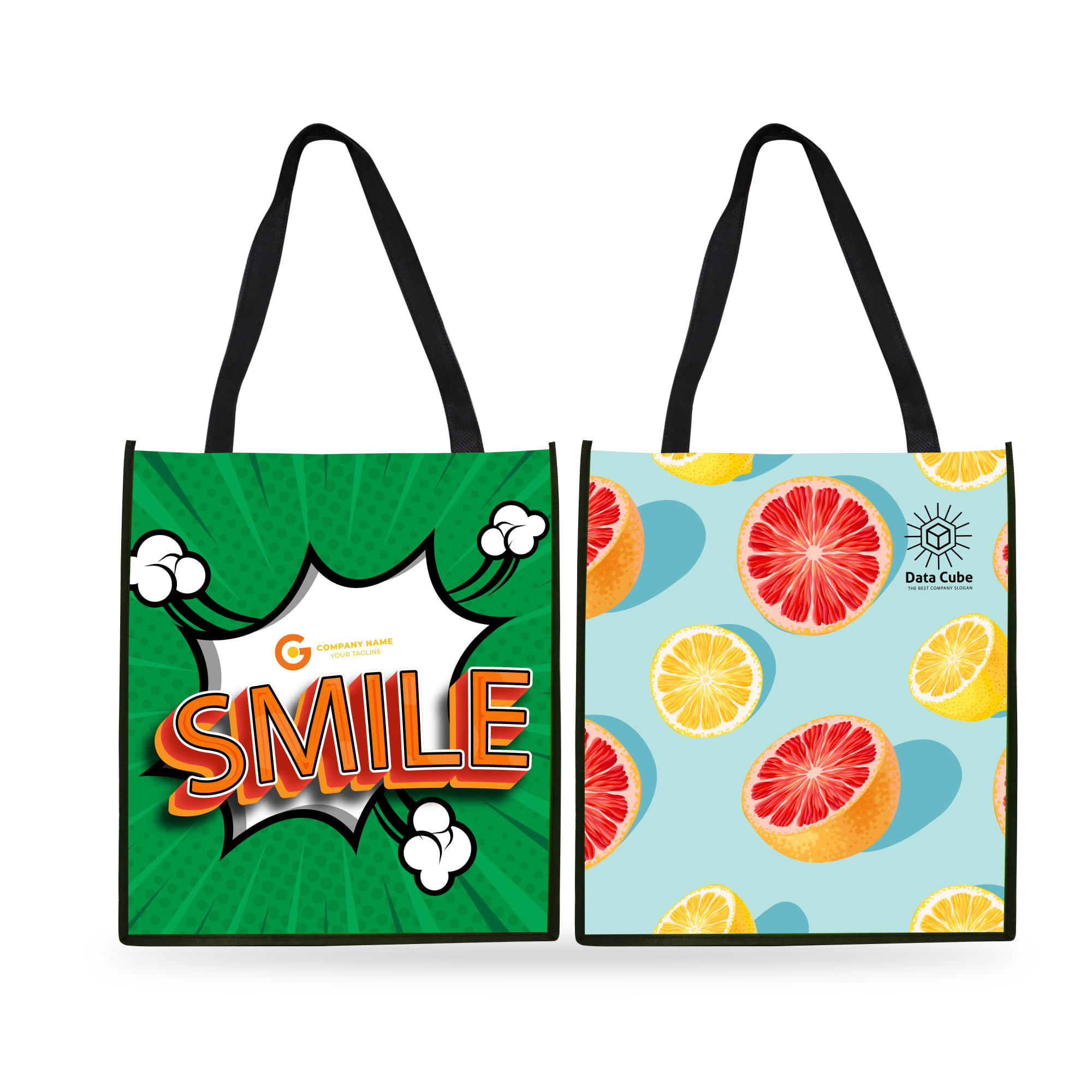 A tall non-woven tote bag featuring a bold green design with a playful "SMILE" and a fruit pattern on the reverse. Non Woven Tote Bag - Tall - Image 1