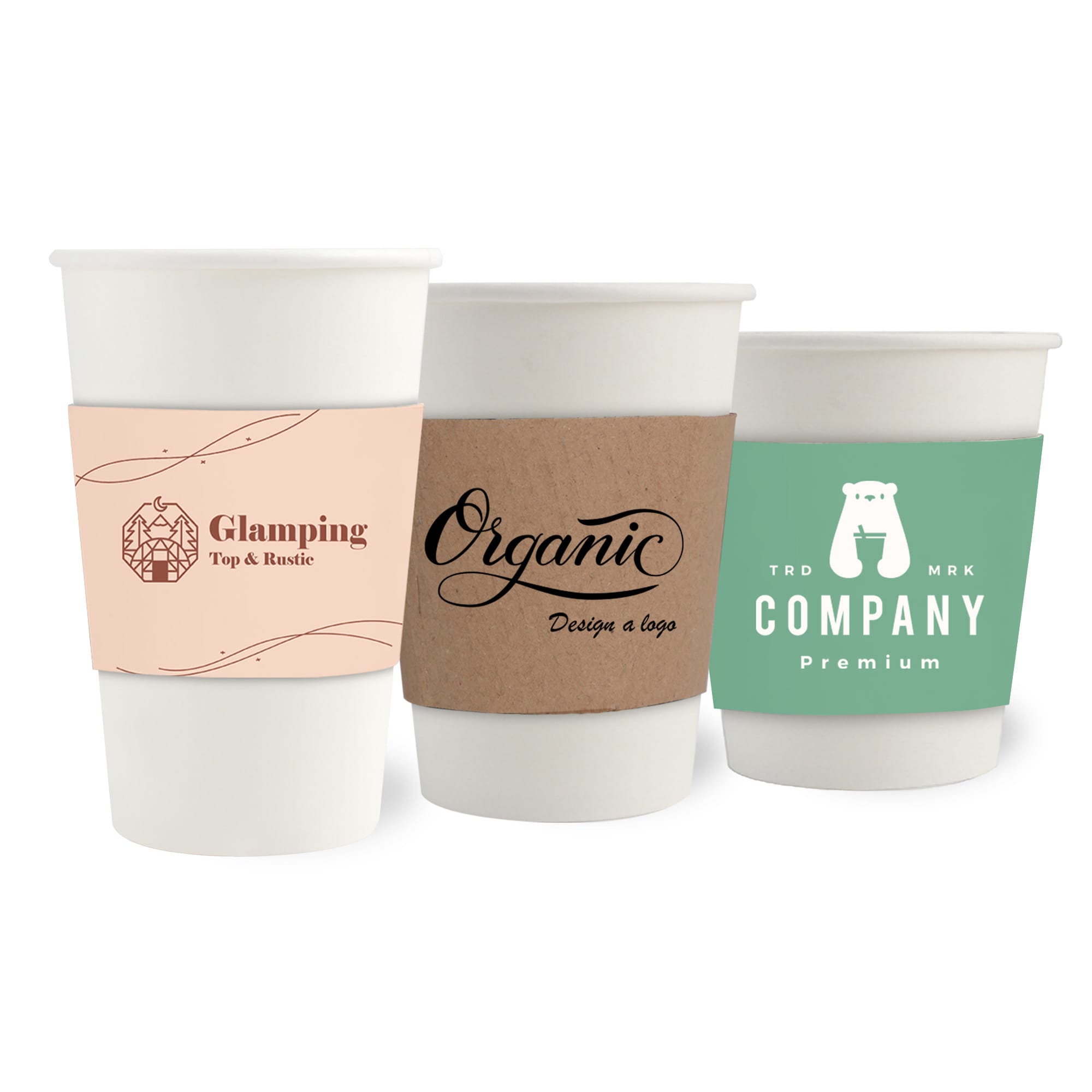 Three white paper cups with different designs, featuring kraft and peach cup sleeves, showcasing logos. PLA Single Wall Compostable Paper Cups with Cup Sleeve - Image 1