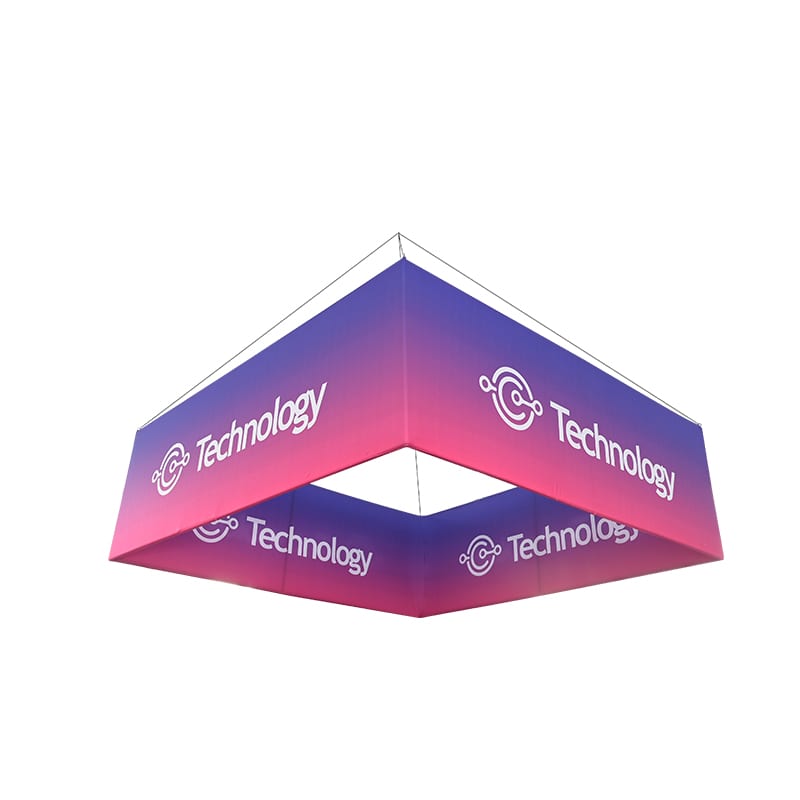 A square hanging banner in gradient pink and purple, featuring a logo and the word "Technology". Sky Tube Square Hanging Banner - Image 1