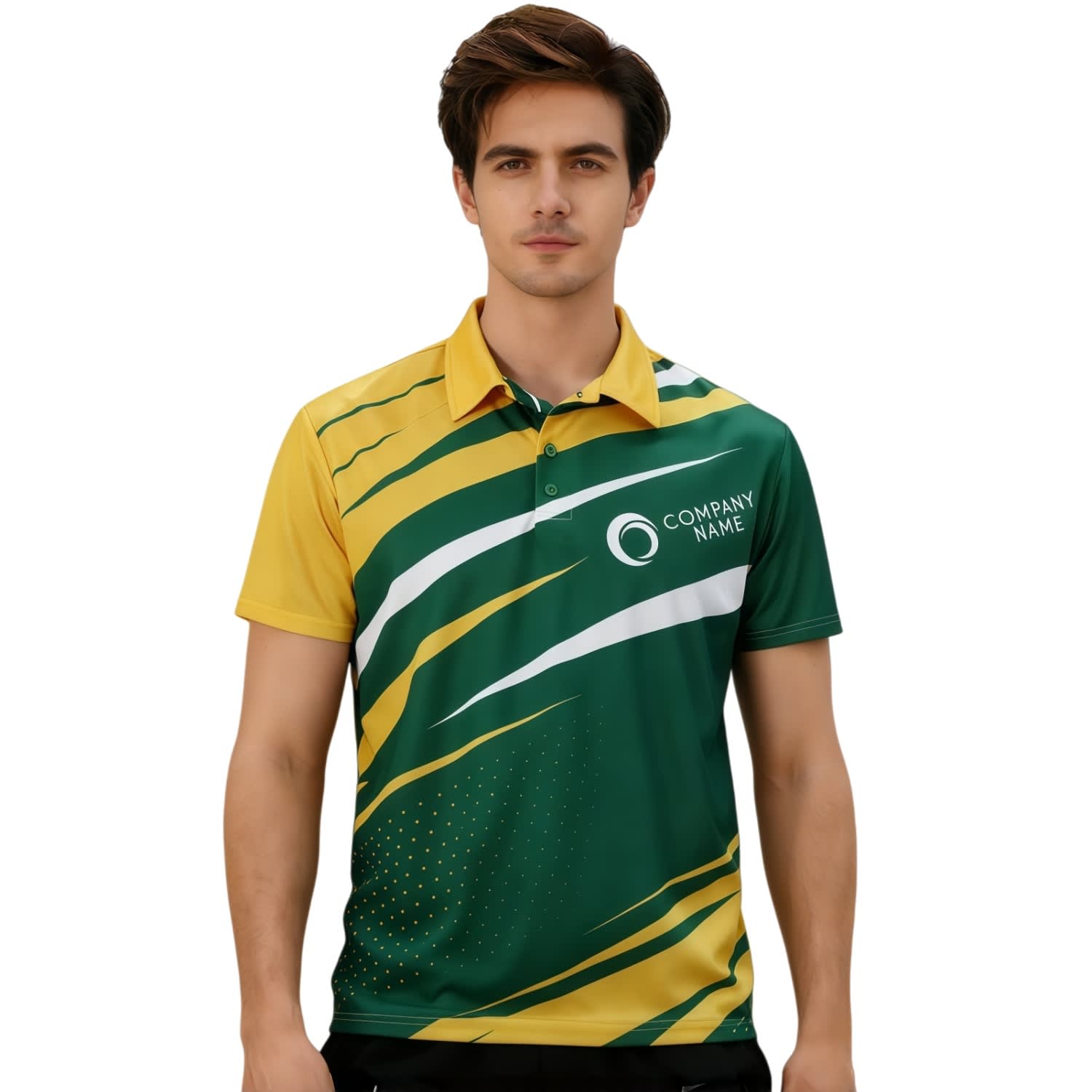 A green and yellow polyester sports polo featuring abstract designs and a logo on the front. 100% Polyester Sublimated Sports POLO - Image 1