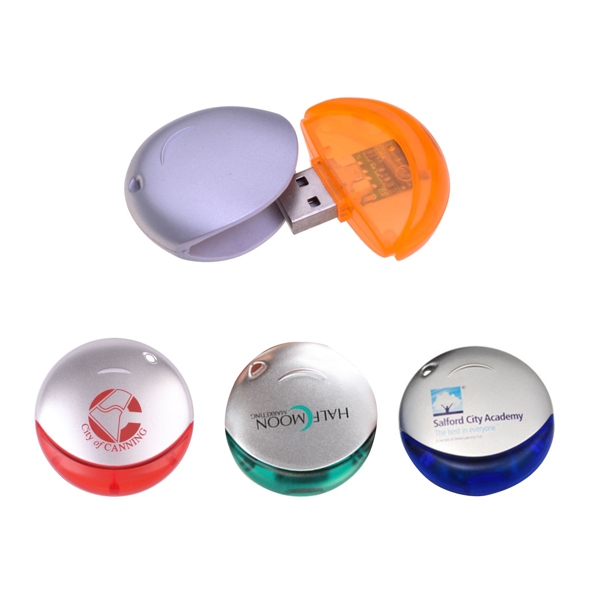 A collection of round flash drives in silver, orange, red, green, and blue, featuring branding on their surfaces. Aruna Flash Drive - Image 1