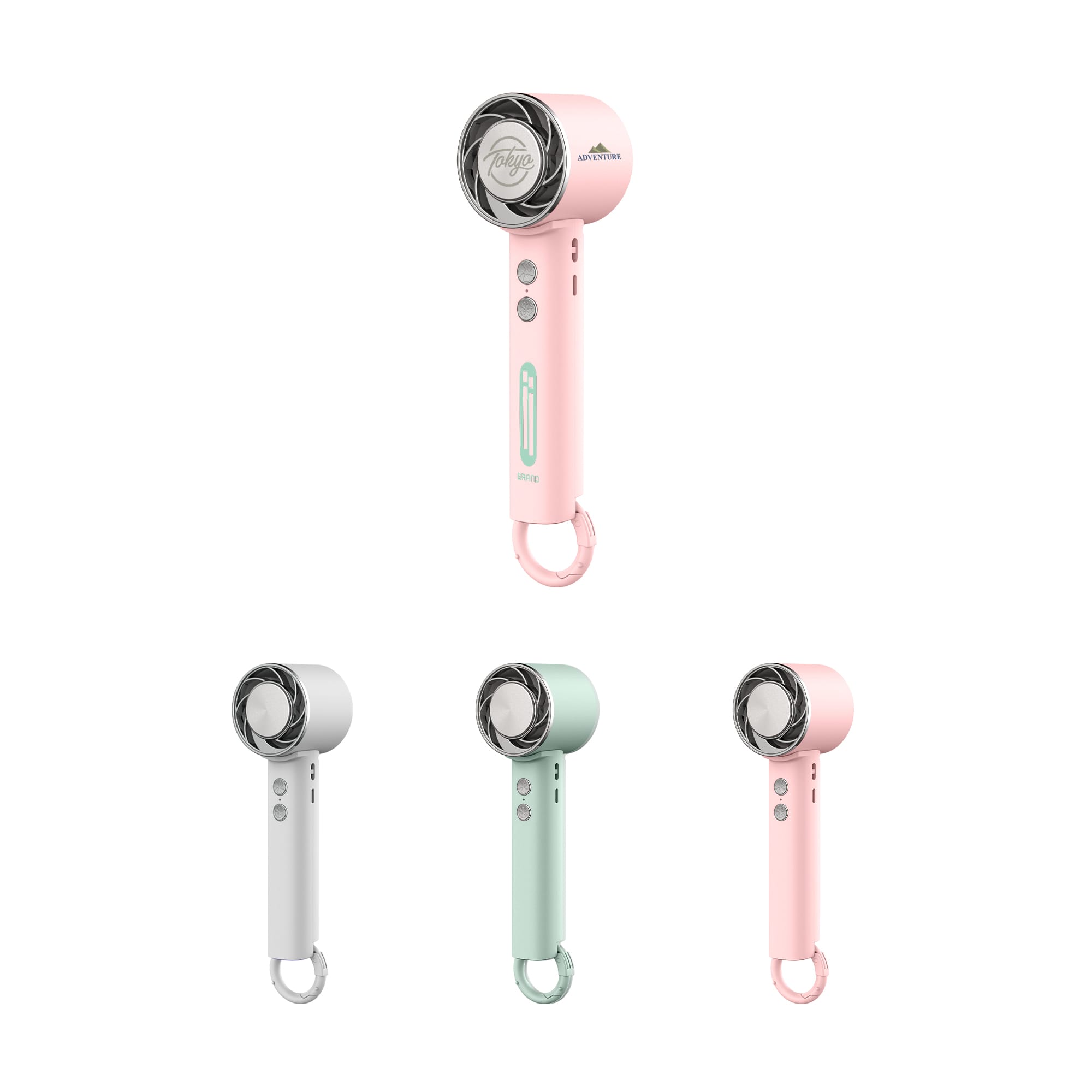 A personal cooling fan in pink, mint green, white, and grey, featuring a logo on the handle. Personal Cooling Fan - Image 1
