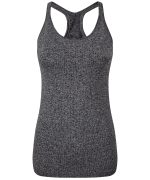 A seamless grey sports vest with a racerback design and textured fabric. It features a logo on the side.
