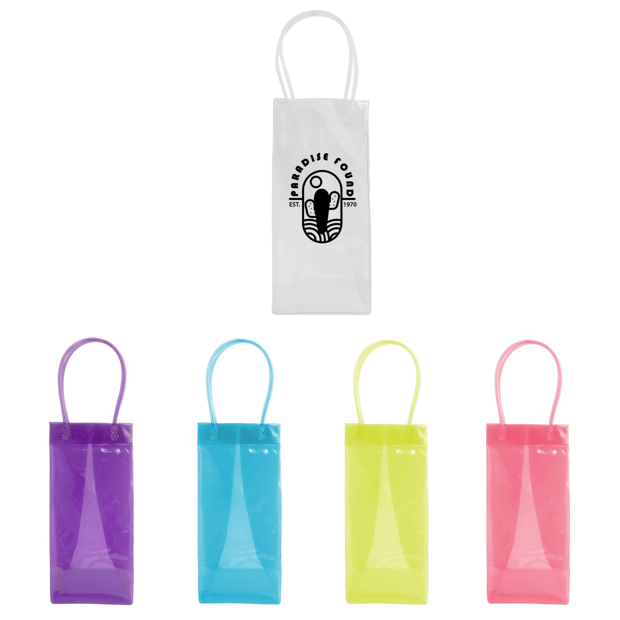 A PVC clear tote bag in white, purple, blue, yellow, and pink, with a logo on the white bag. PVC Clear Wine Ice Tote Bag - Image 1