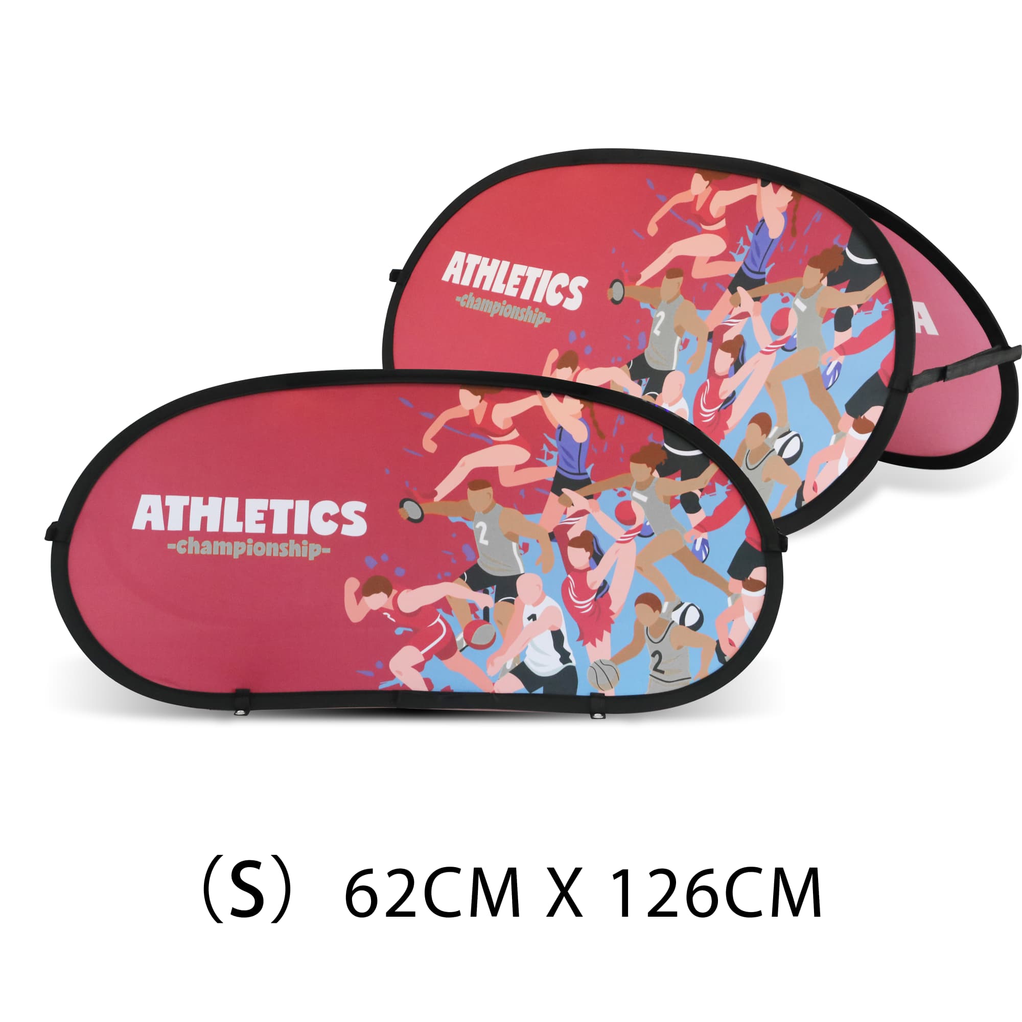 Oval-shaped pop-up banners in red, featuring colourful athletic illustrations, with a prominent logo and dimensions of 62cm x 126cm. Bean Shaped Pop Up Banners (Small) - Image 1