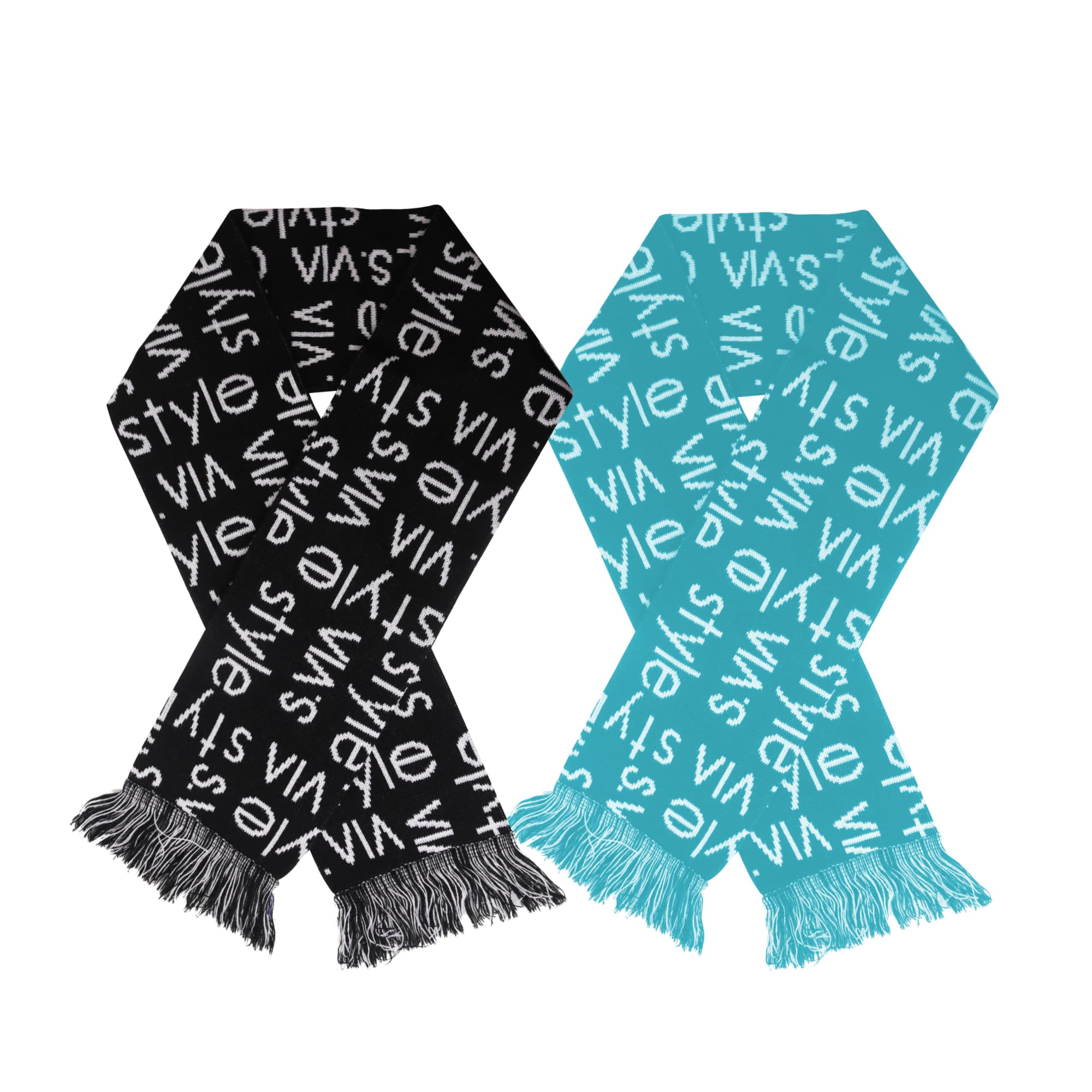 Acrylic fibres scarf in black with white text and a turquoise version with white text, both featuring fringed ends. Acrylic Fibers Scarf - Image 1