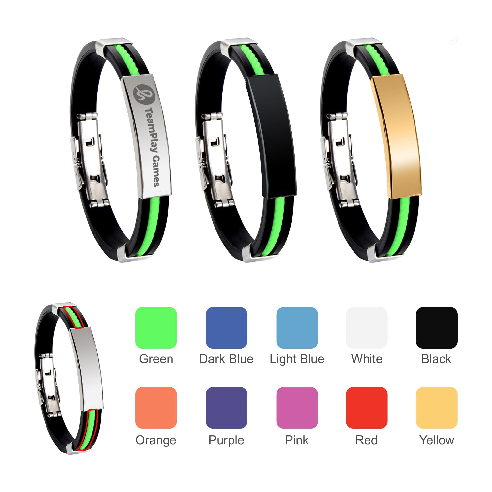 A collection of Glide Lock Clasp Colour Silica Bracelets in various colours including green, red, and purple, with metallic clasps. Glide Lock Clasp Colour Silica Bracelet - Image 1