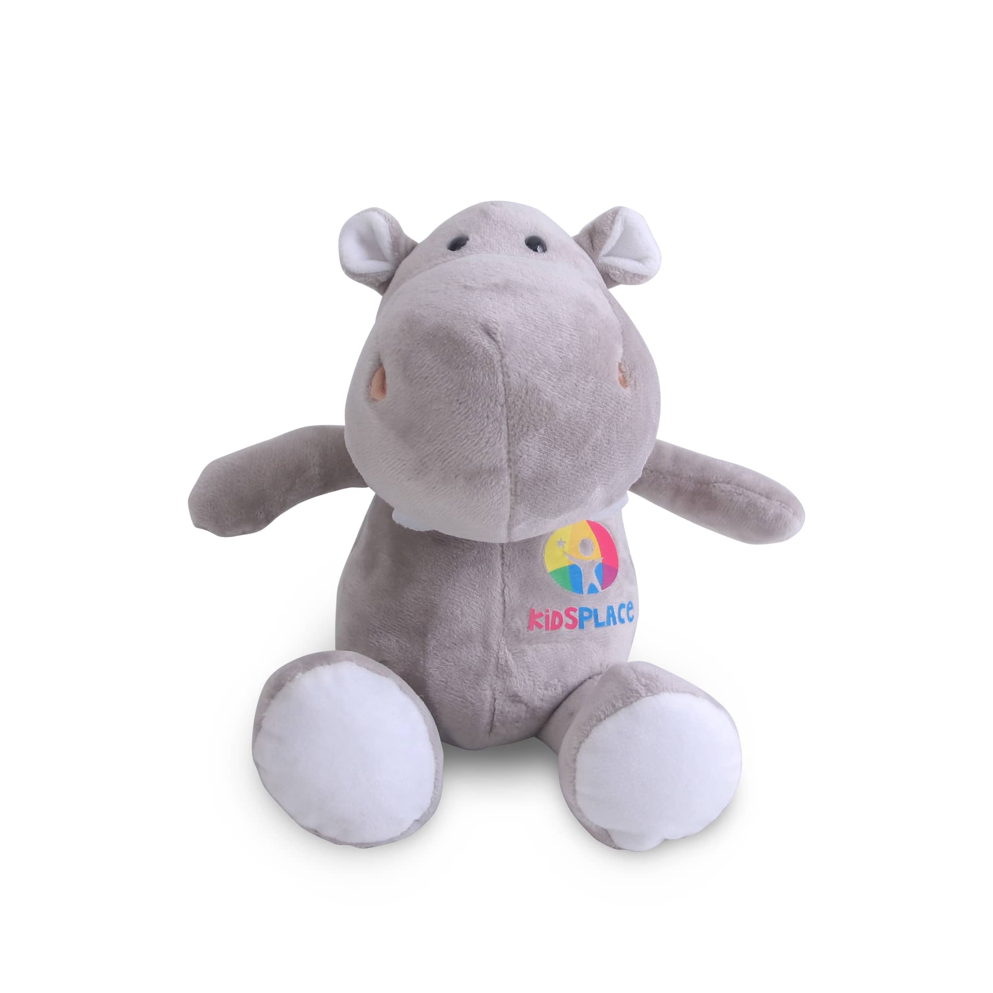 A grey hippopotamus plush toy with white accents and a logo on its body. Hippopotamus Plush Toy - Image 1