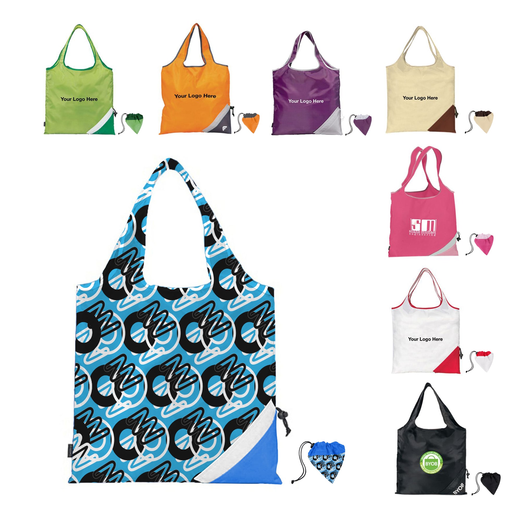 A variety of foldaway shopping bags in multiple colours, featuring different designs and a storage pouch for compactness. Latitudes Foldaway Shopping Bag - Image 1