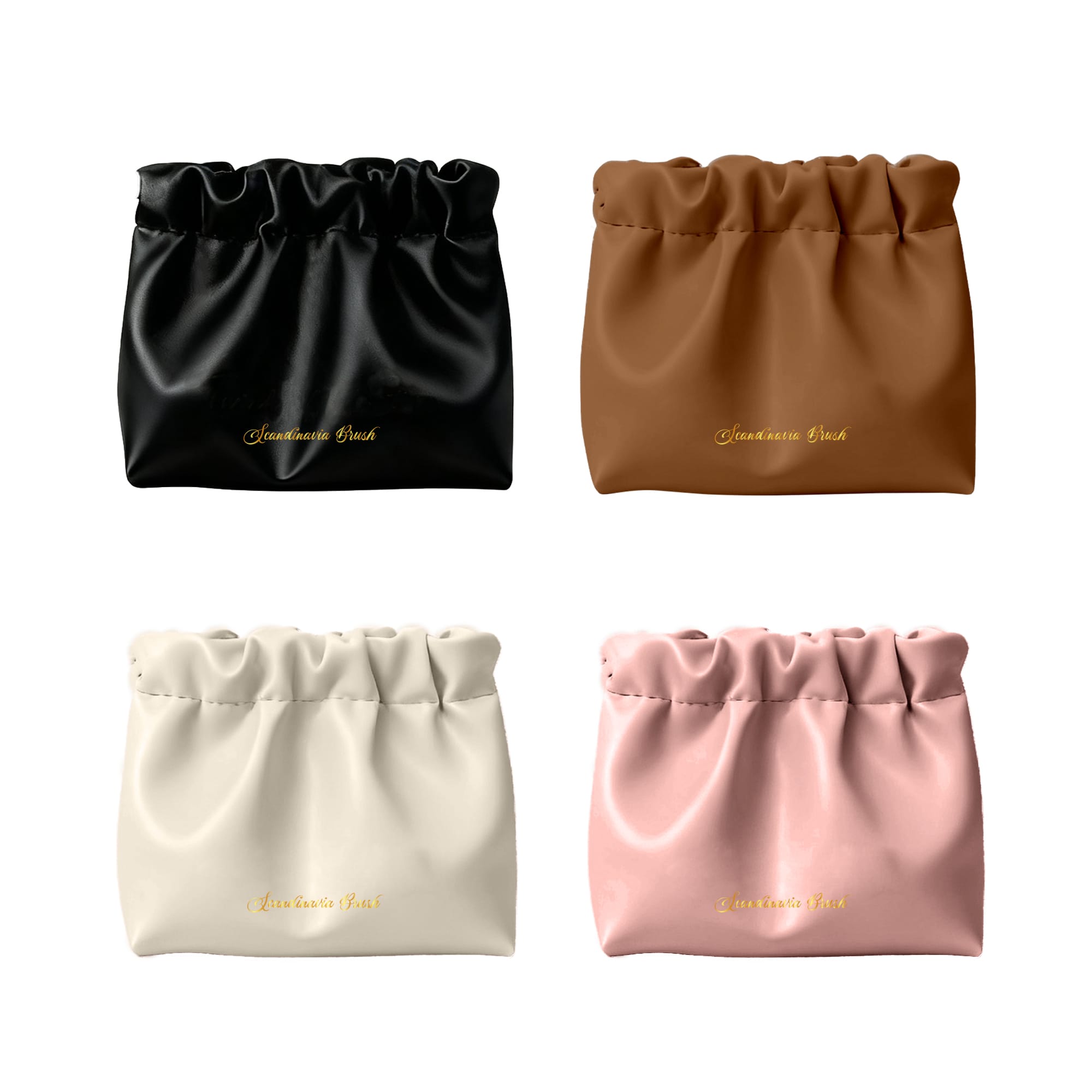 A selection of four Zipperless Portable Makeup Bags in black, brown, white, and pink, featuring a gathered design. Zipperless Portable Makeup Bag - Image 1