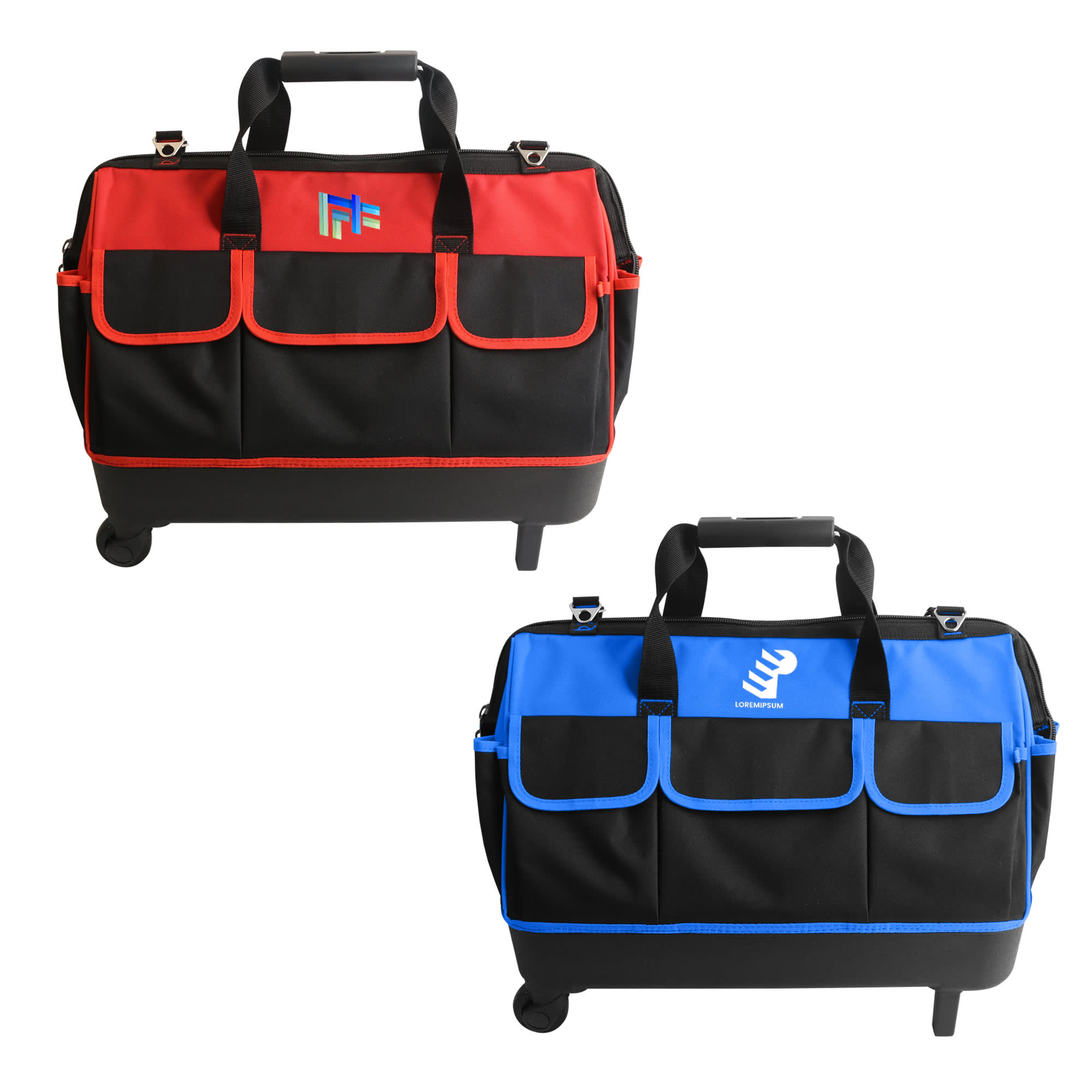 A wheeled tool bag featuring a red and black design with multiple pockets, and another in blue and black, both with logos. Wheeled Tool Bag - Image 1