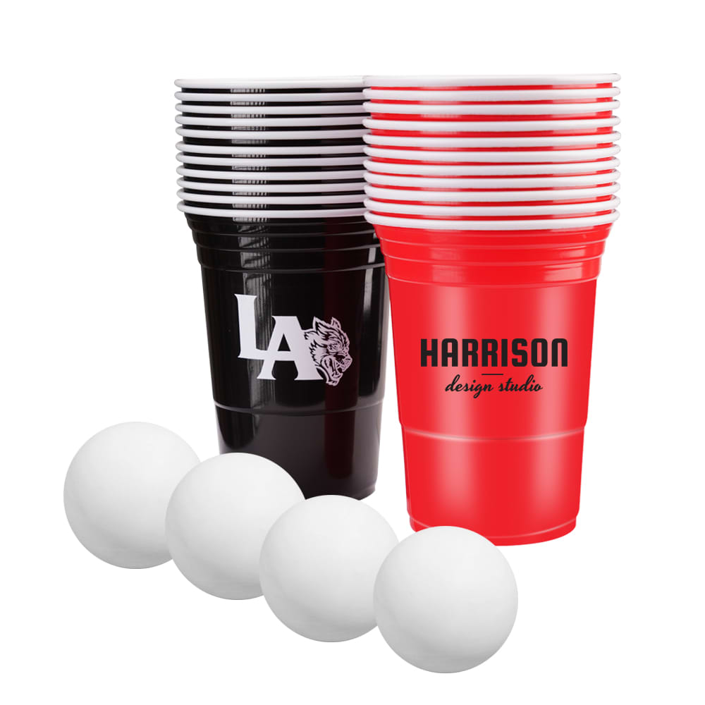 A set of red and black plastic cups with white ping pong balls, featuring a logo on one cup. Beer Pong Party Cup Set - Image 1
