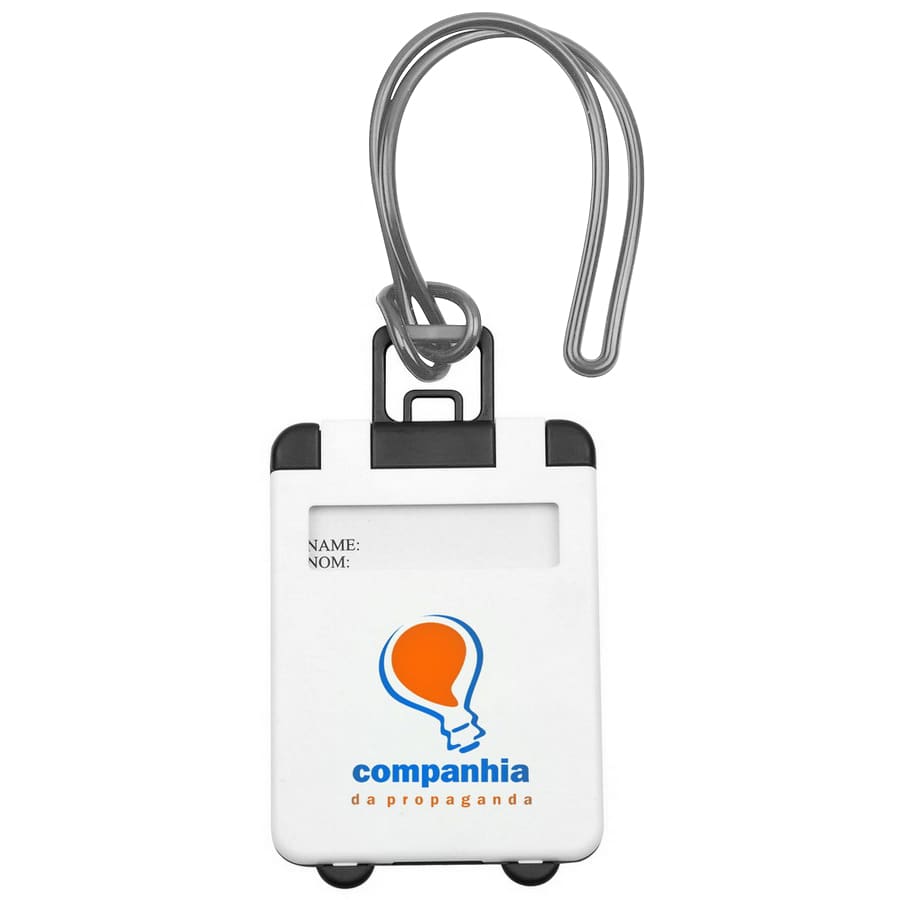A white ABS luggage tag featuring a black clip and a logo, designed for identification purposes. ABS Luggage Tag - Image 1
