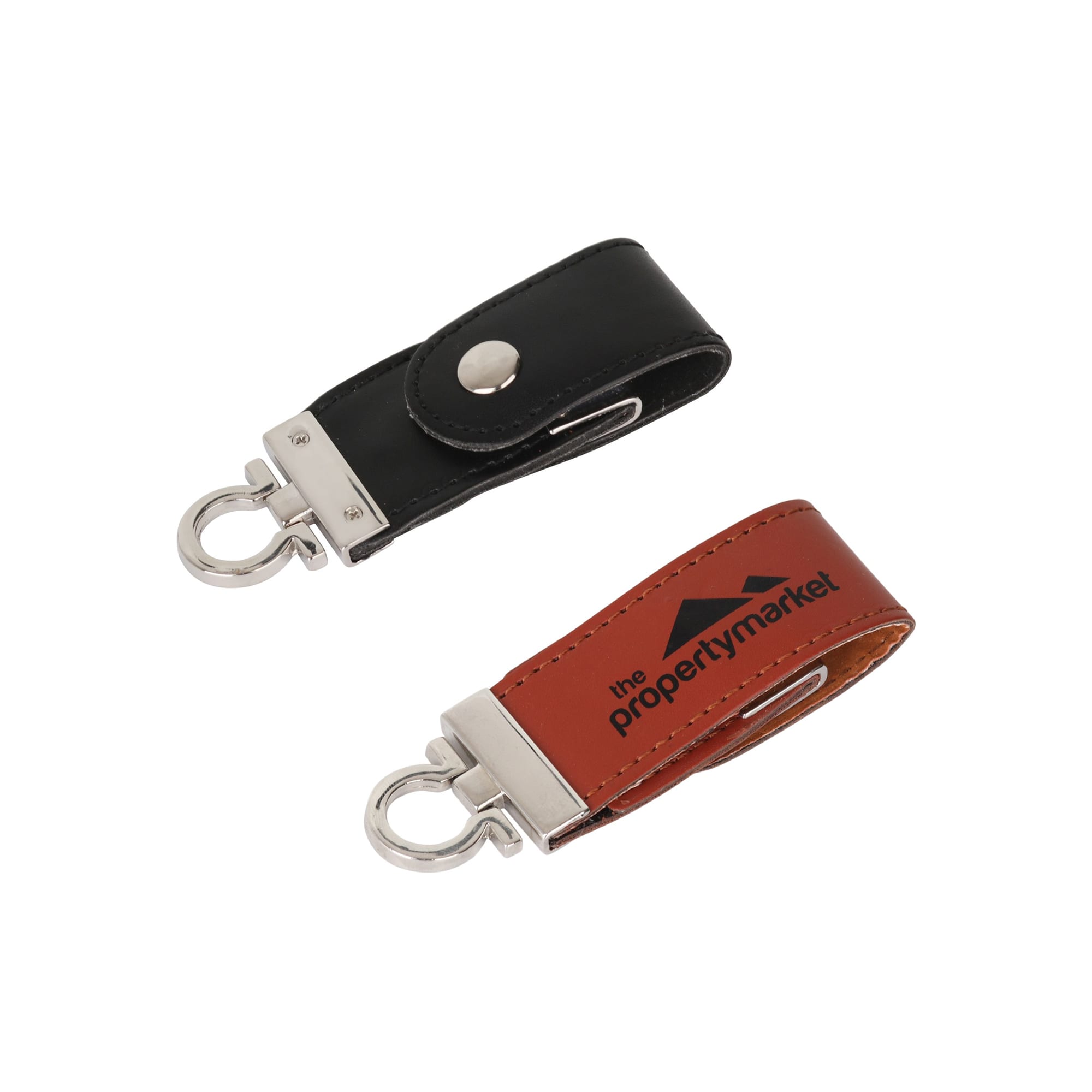 A black and brown keyring with a metallic clip and branding on one side. Both feature a secure snap fastener. Susono Flash Drive - Image 1