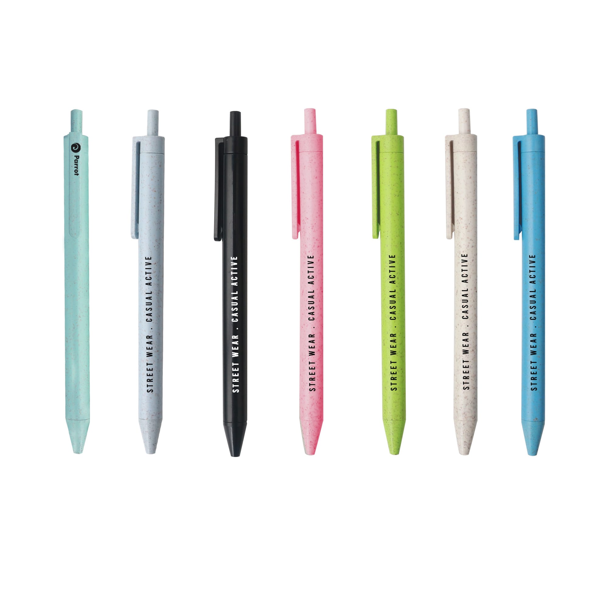 A collection of ballpoint pens in pastel blue, black, pink, and green, made from wheat straw. Each pen features a clip and branding. Wheat Straw Ballpoint Pen - Image 1