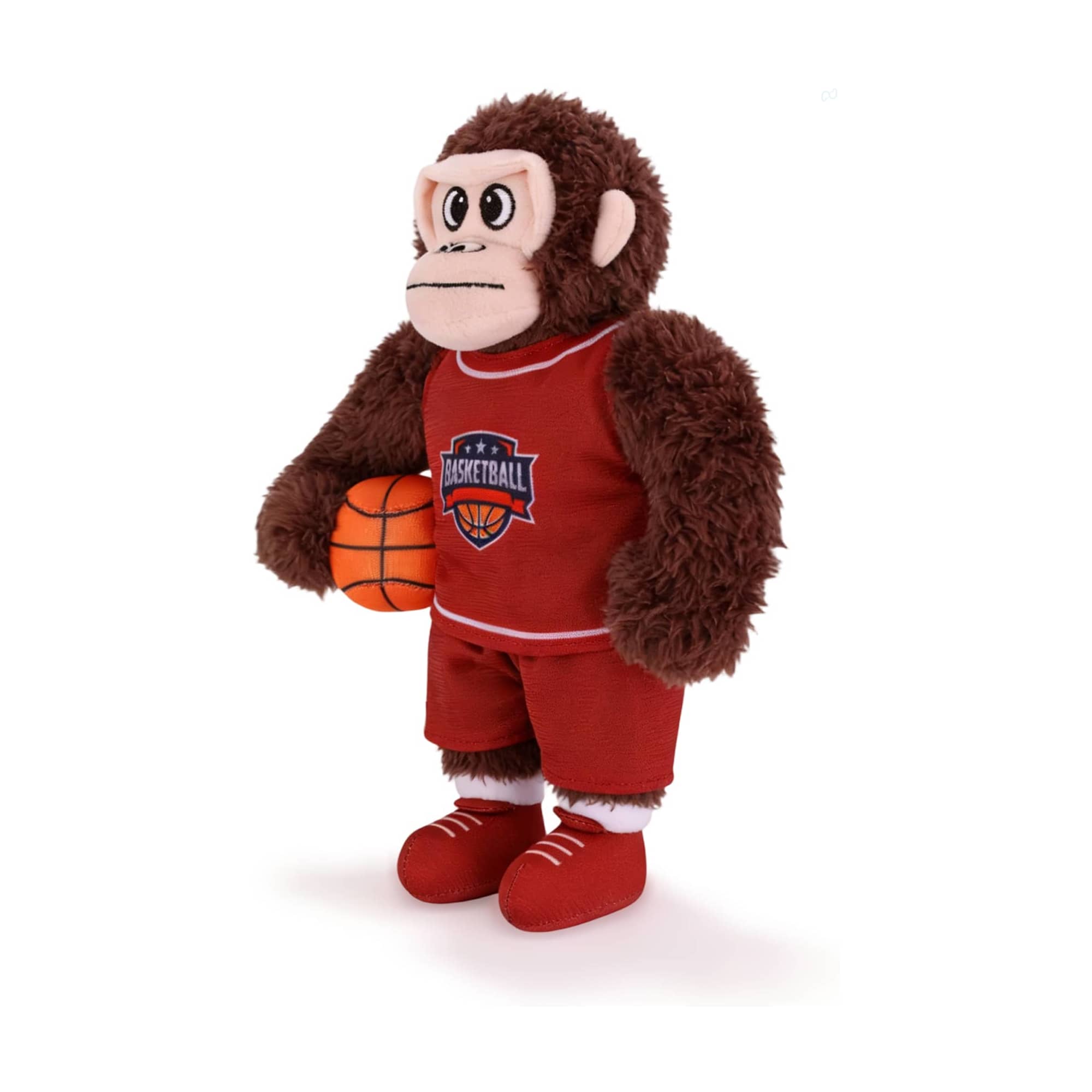 A brown plush toy in a red basketball uniform, holding a basketball, featuring a logo on the outfit. Custom Team Mascot Plush Toy - Image 1