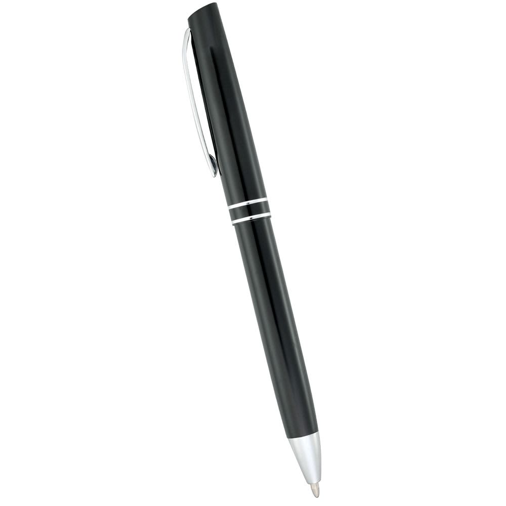 A sleek black metal ballpoint pen with silver accents and a clip, featuring a logo on its surface. Hemingway Click Ballpoint Pen - Image 1
