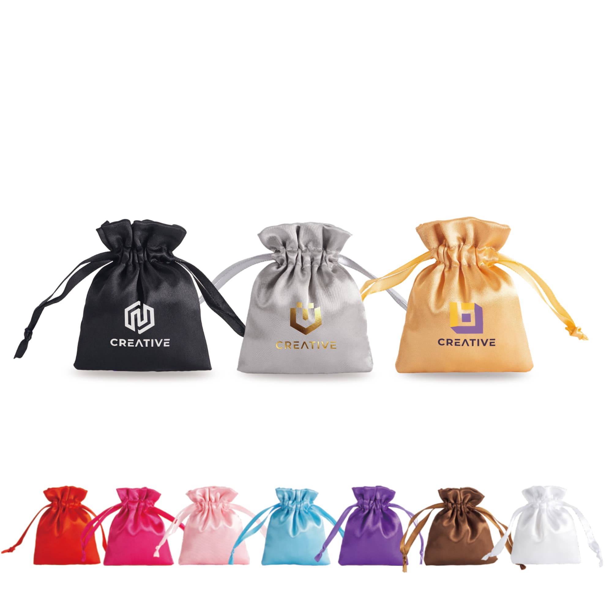 Silk satin drawstring bags in black, silver, gold, pink, purple, red, white, and brown, featuring logos. Silk Satin Drawstring Bags - Image 1