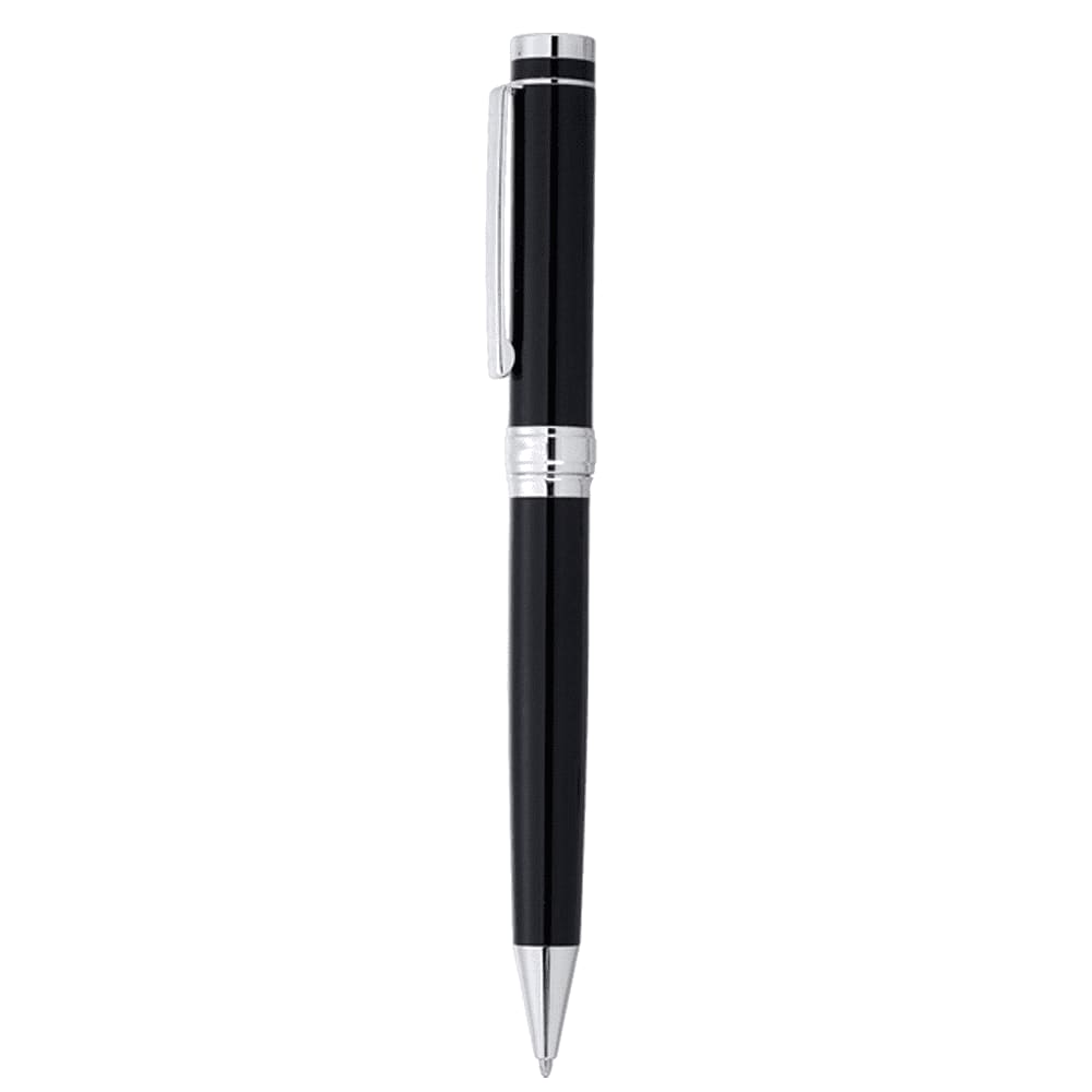 A sleek black metal ballpoint pen with silver accents and a clip, featuring a logo on its body. Nautilus Ballpoint - Image 1
