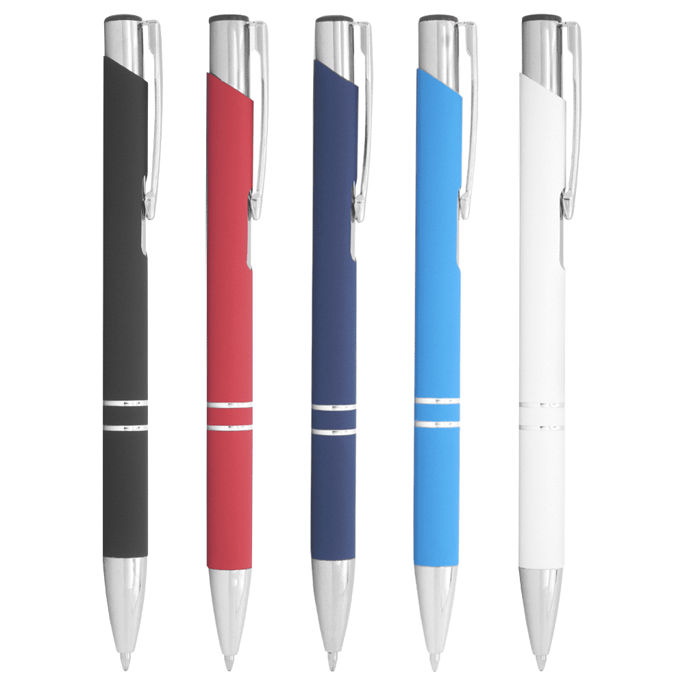 A collection of five metal ballpoint pens in black, red, blue, and white, with a branded design. Lama Click Action Ballpoint Pen - Image 1