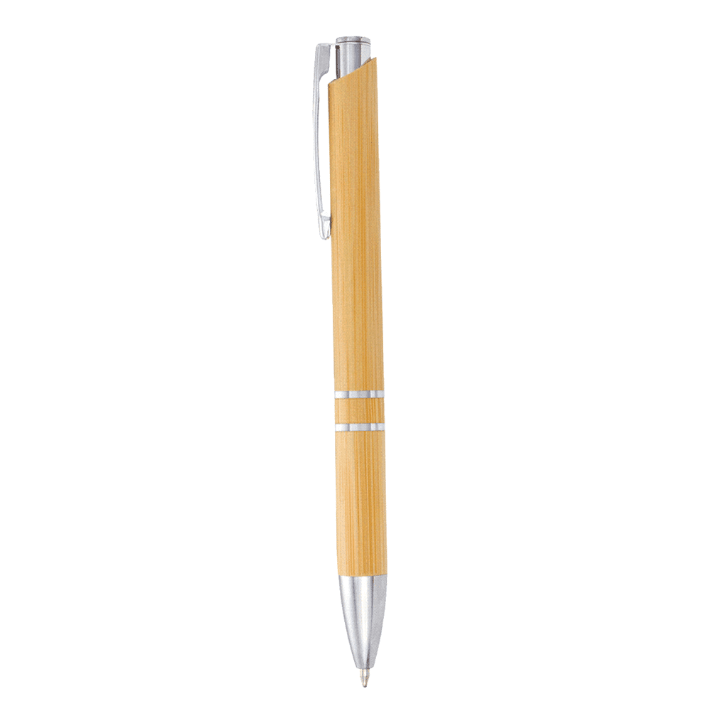 A bamboo ballpoint pen with silver accents and a sleek design. The pen features a logo on its barrel. Celuk Bamboo Ballpoint Pen - Image 1