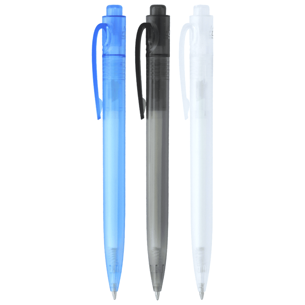 Three ballpoint pens in blue, black, and clear colours, featuring a clip and a logo on each pen. Thalaasa Ocean-Bound Plastic Ballpoint Pen - Image 1