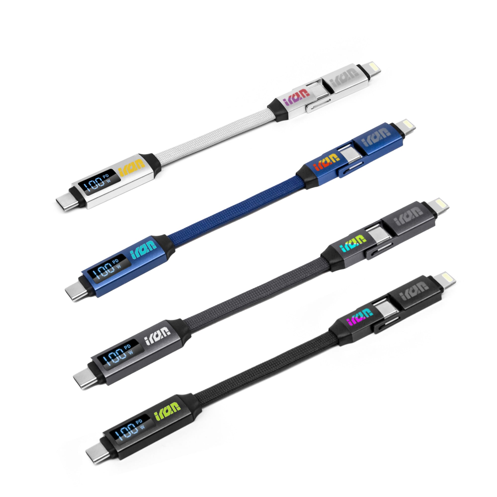 A set of four 100W 3-In-1 aluminium charging cables in white, blue, black, and grey, featuring digital displays. 100W 3-In-1 Aluminium Charging Cable with Digital Display - Image 1