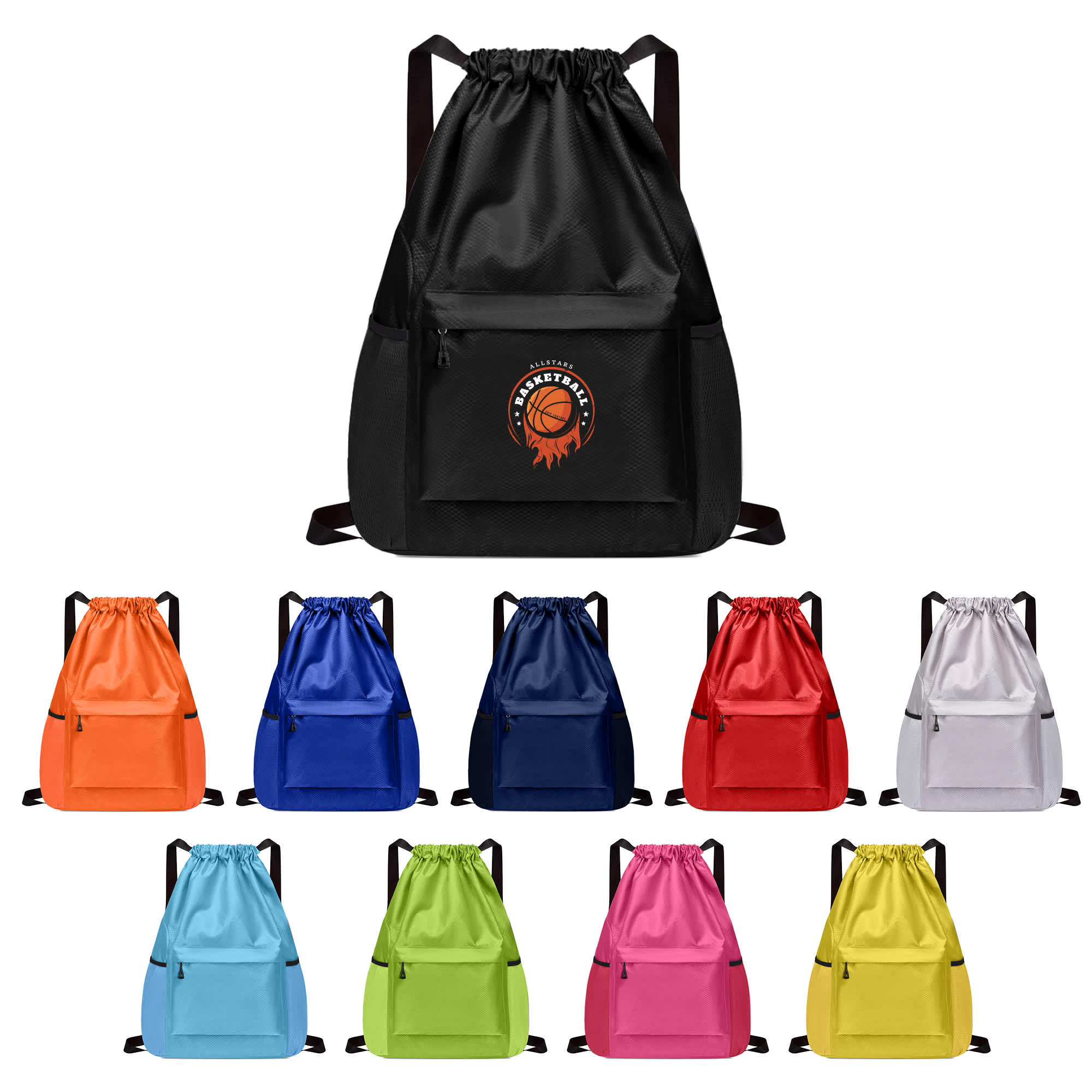 A multi-pocket drawstring backpack available in black, blue, navy, red, pink, green, yellow, and white, featuring a logo. Multi-Pocket Drawstring Backpack - Image 1