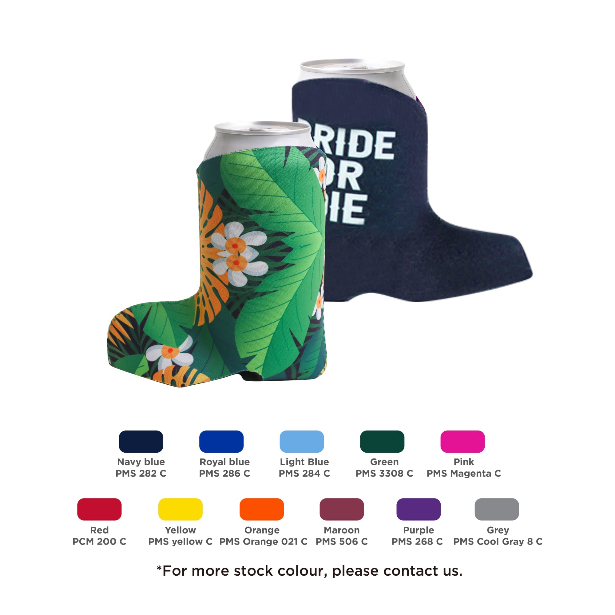 A drink bottle holder in a boot shape featuring a vibrant green tropical design and a navy blue solid colour, with a logo. Boot Shape Stubby Holder - Image 1