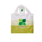 A foldable shopping bag in white and green with a logo, featuring a yellow base. Suitable for eco-friendly use.