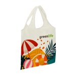 A cream-coloured shopping bag featuring colourful beach-themed graphics and a logo.